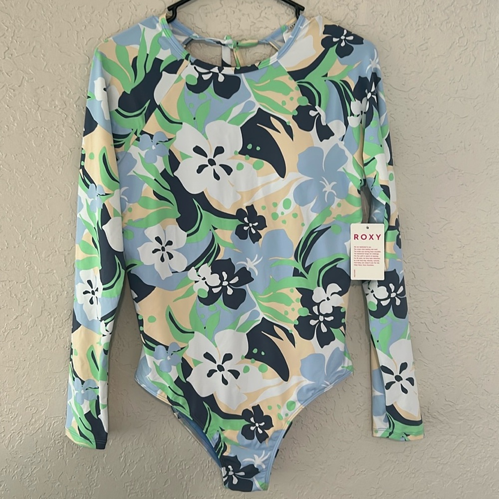 NWT ROXY Long Sleeve UPF 50 One-Piece Swimsuit tropical Hawaiian hibiscus print